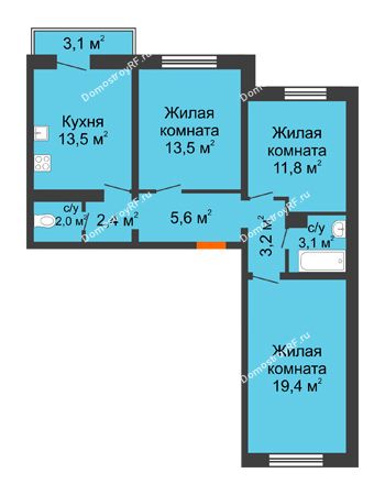 3 комнатная квартира 75,4 м² в ЖК Озерки	, дом Позиция 17
