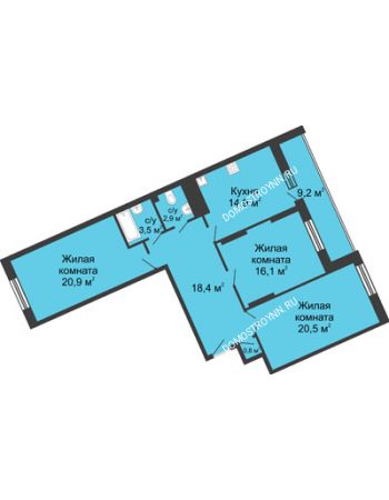 3 комнатная квартира 107,2 м² в ЖК Монолит, дом № 89, корп. 3