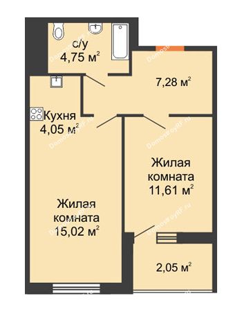 2 комнатная квартира 44,76 м² в ЖК Оникс, дом Литер 4