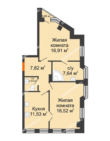 2 комнатная квартира 65,11 м² в ЖК Дом на Провиантской, дом № 12