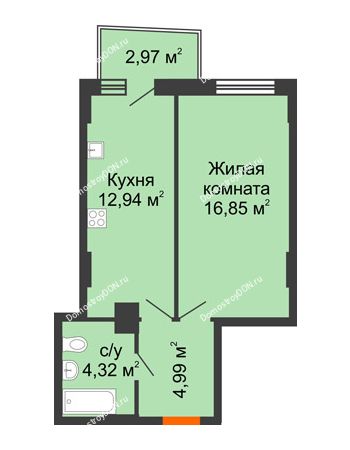 1 комнатная квартира 40,02 м² в ЖК Город у реки, дом Литер 7