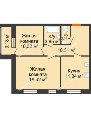 2 комнатная квартира 57,94 м² - ЖК Дом на Чаадаева