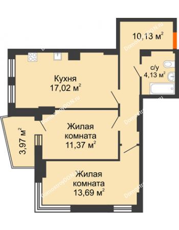 2 комнатная квартира 58,33 м² в ЖК Сердце Ростова 2, дом Литер 6