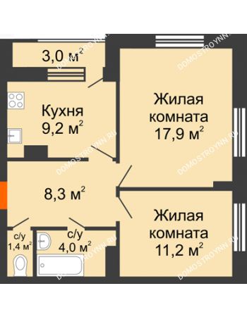 2 комнатная квартира 53,5 м² в ЖК Октава, дом № 3