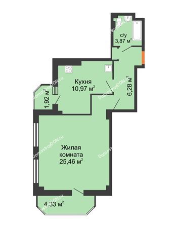 1 комнатная квартира 53,14 м² - ЖК Гармония