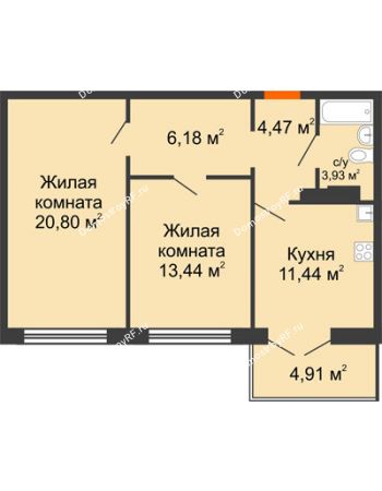 2 комнатная квартира 61,73 м² в Микрорайон Черемушки, дом Позиция 4