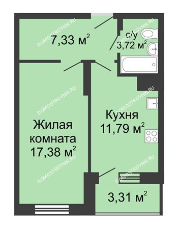 1 комнатная квартира 43,53 м² в ЖК Красная поляна, дом № 6