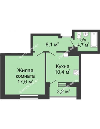 1 комнатная квартира 41,6 м² в ЖК Цветы, дом № 15
