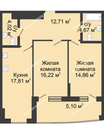 2 комнатная квартира 80,49 м² в ЖК Тихий Дон, дом № 3