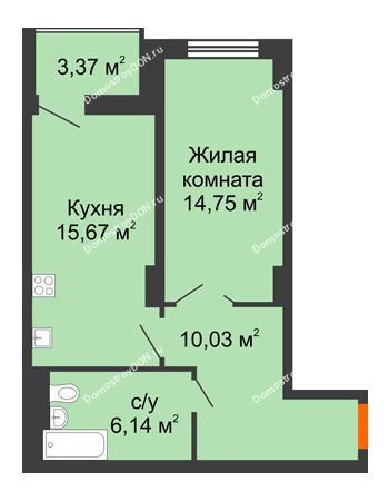 1 комнатная квартира 48,28 м² в ЖК Аврора, дом № 3