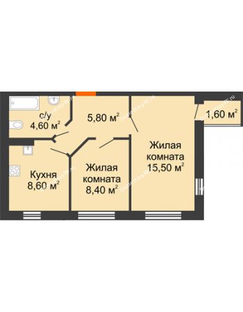 2 комнатная квартира 44,5 м² в ЖК Куйбышев, дом № 10