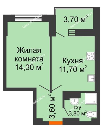 1 комнатная квартира 37,1 м² в ЖК Екатерининский, дом № 2в