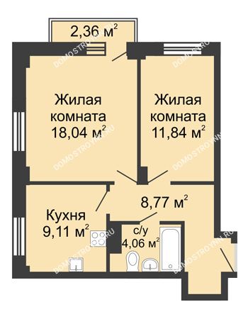 2 комнатная квартира 52,52 м² - ЖК Каскад на Волжской