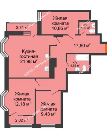 4 комнатная квартира 81,51 м² в ЖК Каскад на Менделеева, дом № 1