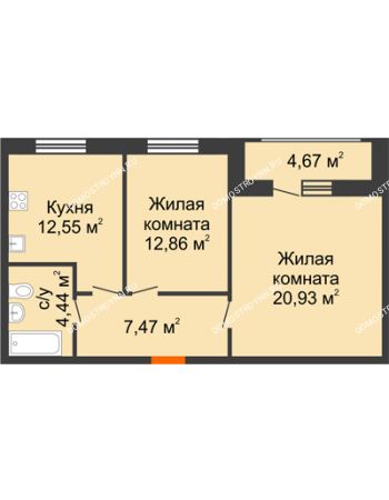 2 комнатная квартира 62,92 м² в ЖК Подкова на Гагарина, дом № 2