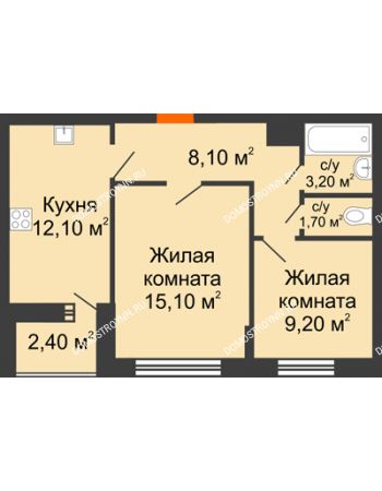2 комнатная квартира 50,6 м² в ЖК Цветы, дом № 22-3