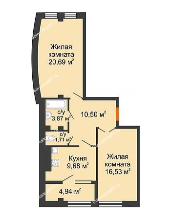 2 комнатная квартира 67,92 м² в ЖК Малахит, дом № 1