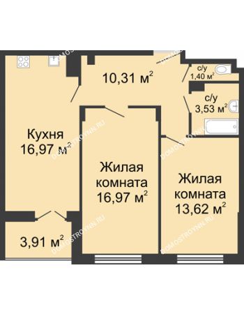 2 комнатная квартира 66,04 м² в ЖК Клевер, дом № 1