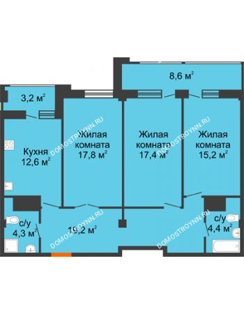 3 комнатная квартира 96,8 м² в ЖК Квартет, дом № 3