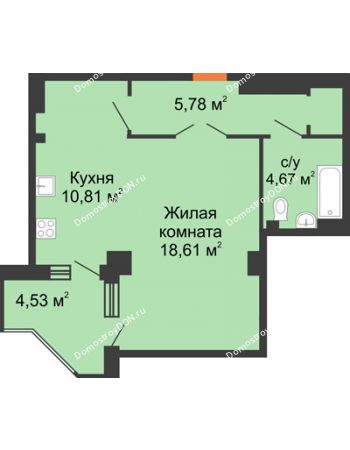 1 комнатная квартира 45,47 м² - ЖК Гармония