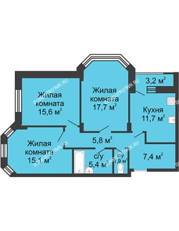 3 комнатная квартира 81,9 м² в ЖК Цветы, дом № 20