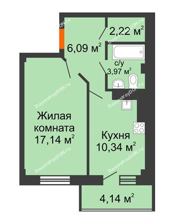 1 комнатная квартира 43,9 м² в ЖК Горизонт, дом № 2