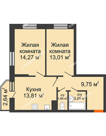 2 комнатная квартира 56,7 м² в ЖК Академический, дом № 15