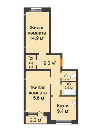 2 комнатная квартира 57,6 м² - ЖК Дом на Нижегородской