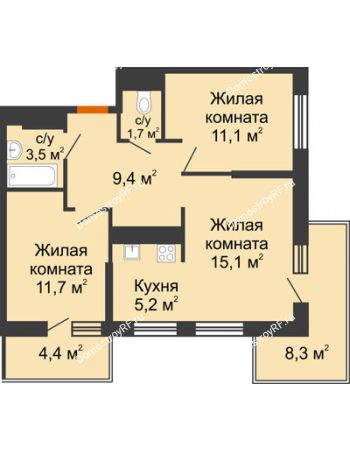 2 комнатная квартира 57,7 м² в ЖК Отражение, дом Литер 1.2