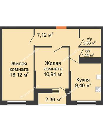 2 комнатная квартира 50 м² в ЖК Рекорд, дом № 90/2, блок 1,2