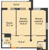 2 комнатная квартира 76,5 м² в ЖК Квартет, дом № 3 - планировка