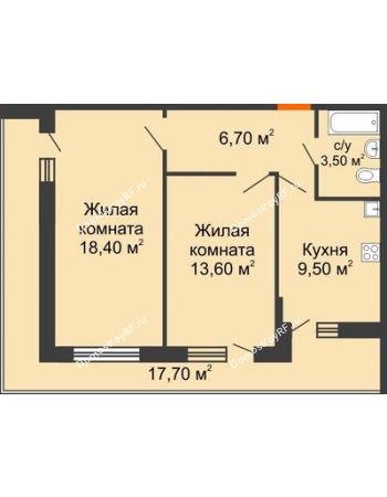 2 комнатная квартира 58,7 м² в ЖК Победный, дом Литер 3