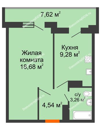 1 комнатная квартира 43,38 м² в ЖК Северный Остров, дом № 5
