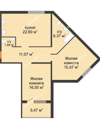 2 комнатная квартира 77 м² в ЖК Квартет, дом ГП-227