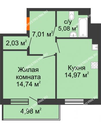 1 комнатная квартира 46,32 м² в ЖК Циолковский, дом № 6