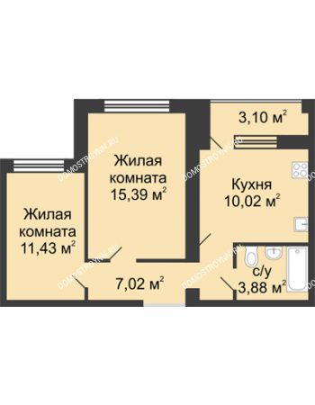 2 комнатная квартира 49,29 м² в ЖК Удачный, дом № 3