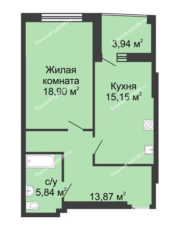 1 комнатная квартира 56,5 м² в ЖК Тихий Дон, дом № 1