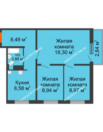 3 комнатная квартира 57,01 м² в ЖК Торпедо, дом № 15
