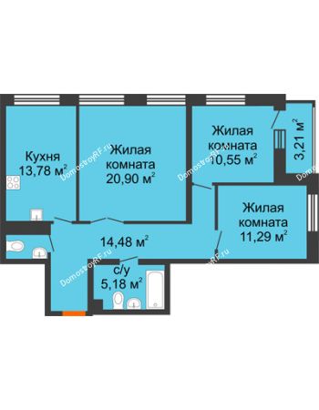 3 комнатная квартира 80,65 м² в ЖК Бунин, дом 1 этап, секции 11,12,13,14