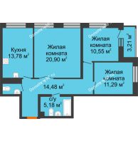 3 комнатная квартира 80,65 м² в ЖК Бунин, дом 1 этап, секции 11,12,13,14 - планировка