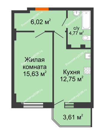 1 комнатная квартира 40,25 м² в ЖК Свобода, дом № 1