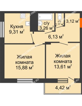 2 комнатная квартира 54,69 м² в ЖК Циолковский, дом № 6