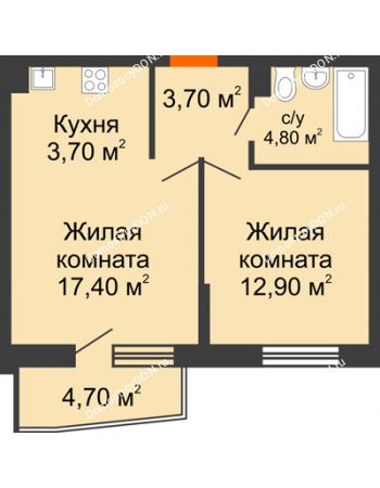 2 комнатная квартира 44,9 м² в ЖК Династия, дом Литер 2