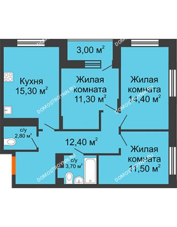 3 комнатная квартира 72,9 м² в ЖК Цветы 2, дом № 4