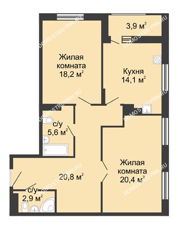 2 комнатная квартира 83,95 м² в ЖК Сердце Нижнего, дом № 35