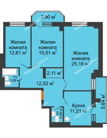 3 комнатная квартира 94,28 м² в ЖК Горизонт, дом № 2
