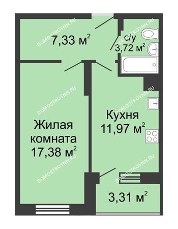 1 комнатная квартира 43,71 м² в ЖК Красная поляна, дом № 6