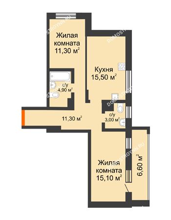 2 комнатная квартира 67,4 м² в ЖК Подкова на Цветочной, дом № 8