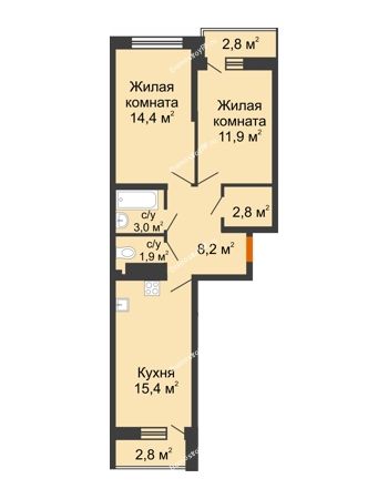 2 комнатная квартира 60,4 м² в ЖК Самолет, дом 4 очередь - Литер 22