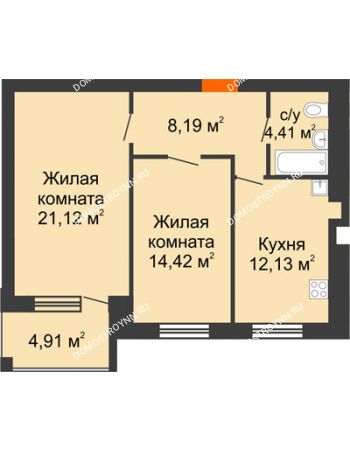 2 комнатная квартира 62,72 м² в ЖК Свобода, дом 2 очередь